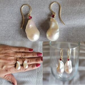 Baroque Pearls and Ruby Earrings, 18k Yellow Gold